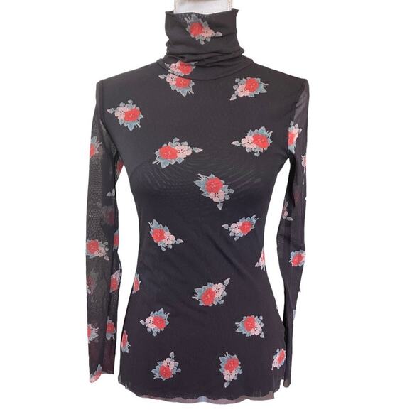 GANNI Floral Black Mesh Long Sleeve Top Size 34/XS - Picture 1 of 4